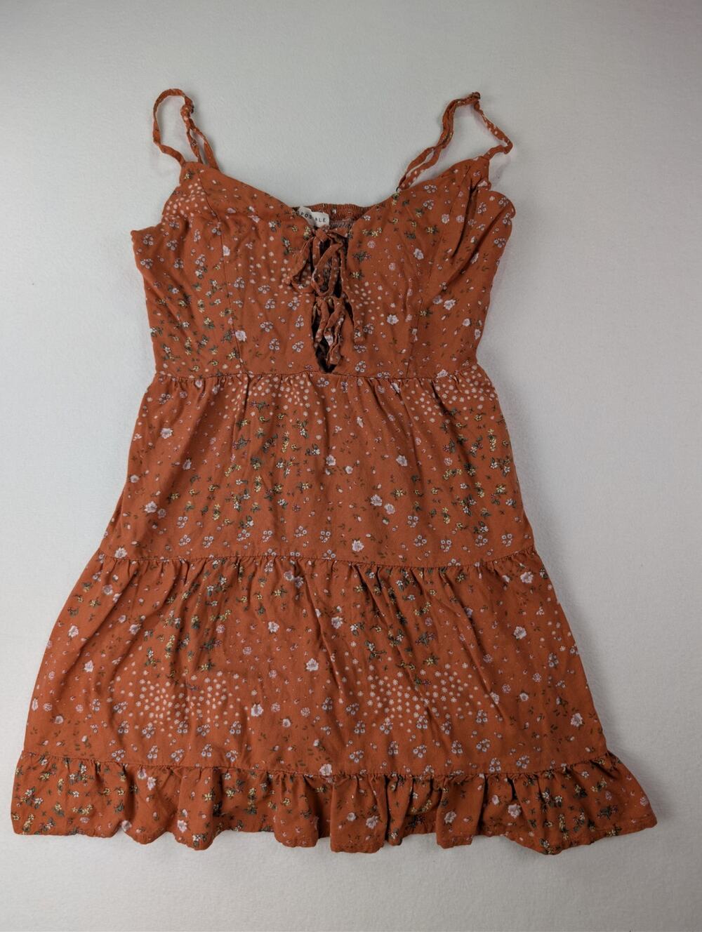 Aéropostale XS Rust Floral Lace Up Tiered Mini Dress Y2K Boho
